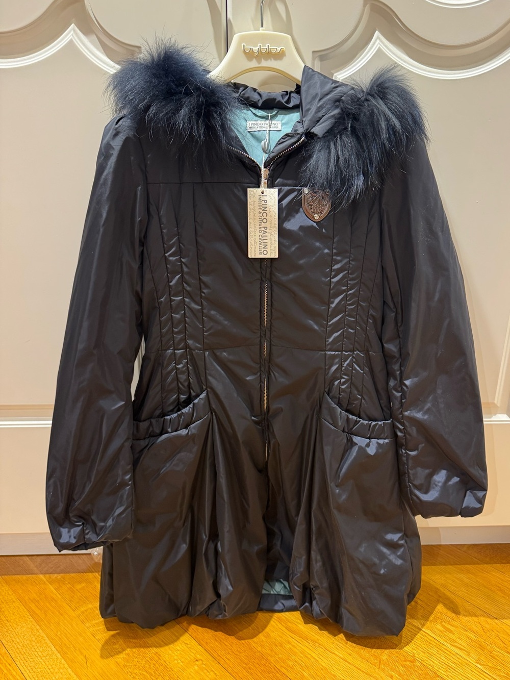 Girls Black Quilted Hooded Coat with Real-Fur Trim size 14